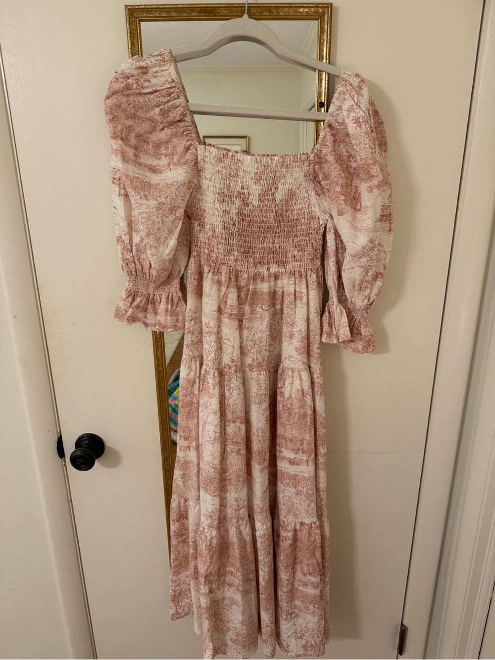 Puff-Sleeve Smocked Maxi Dress in Dusty Rose Print